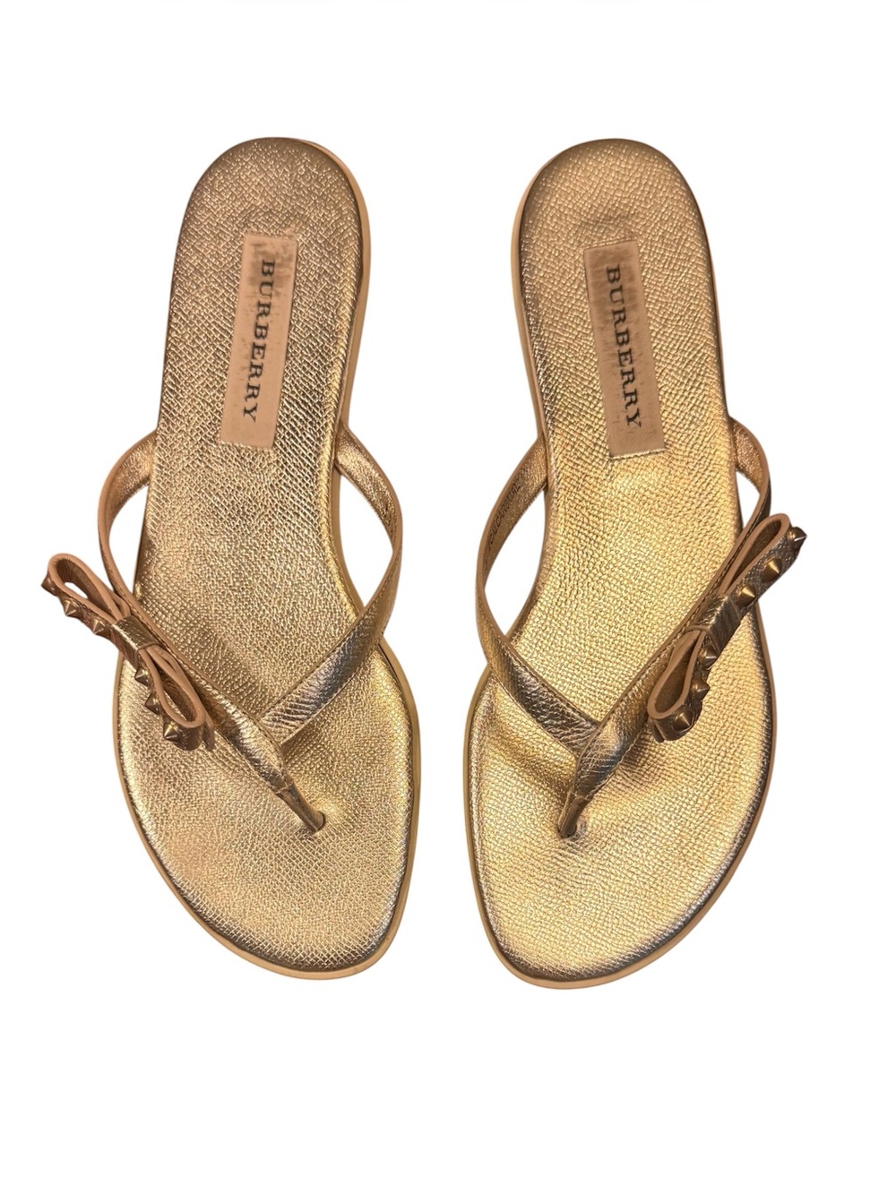 Burberry Metallic Leather Gold Studded Bow Thong Flip Flop Sandals Size 7.5 $695